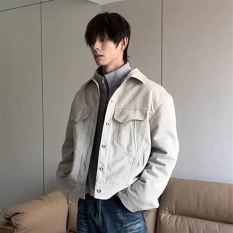 纯色外套男款2025春款杏色帆布工装廓形飞行员夹克休闲上衣,男装夹克,星座506A