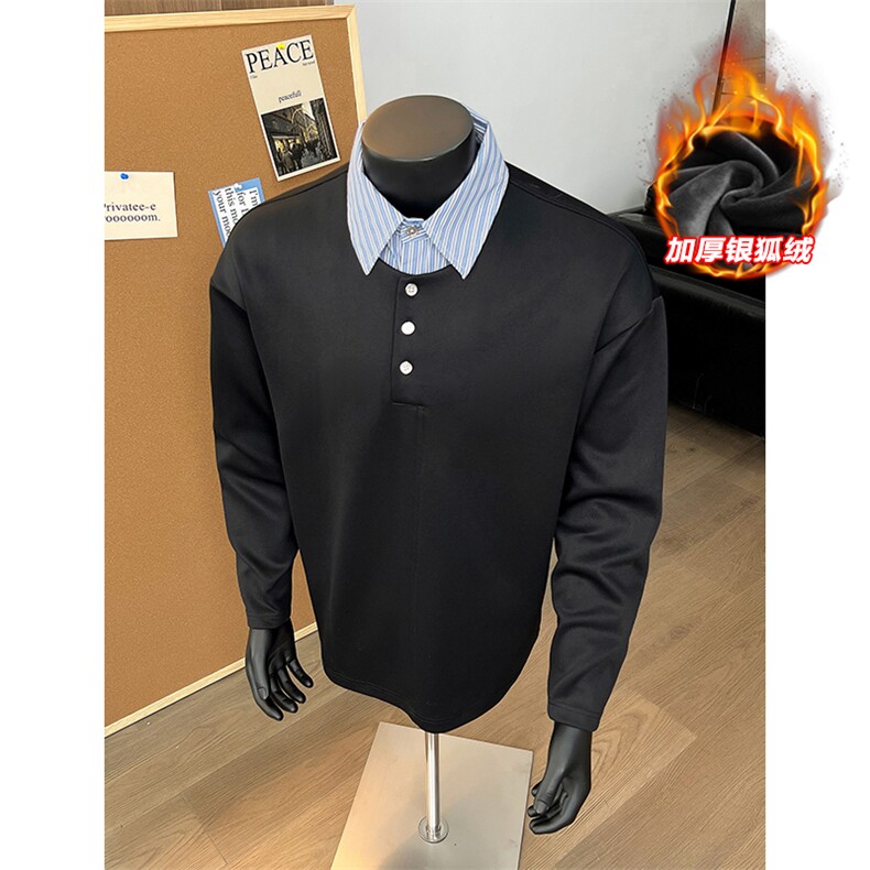 冬季银狐绒假两件衬衫领舒适宽松长袖卫衣男W2343J加绒-特P40控78，男装衬衫，电商A001