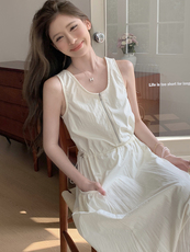 2025夏季复古小众拉链式抽绳收腰显瘦大口袋背心连衣裙女DJ6838，女装连衣裙，蝶眷
