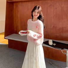 2025春秋立体花朵毛衣蕾丝半身裙两件套2C133-8901-P145-K198，女装套装/套裙，2C133