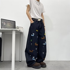 CR0557-P52美式复古卡通刺绣牛仔裤2025春季新款宽松街头阔腿裤，男装牛仔裤，电商C233