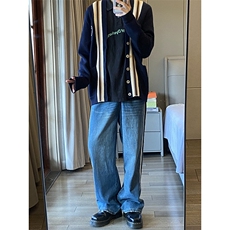 B221美式ins高街小众宽松三条杠运动牛仔裤LK23130-P60控78，男装牛仔裤，电商B221