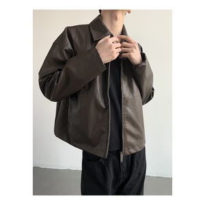 J9824-P70潮牌痞帅垫肩小众设计感Pu皮机车夹克外套图片