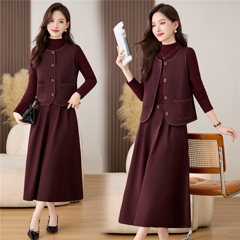 2025春秋季优雅气质套装裙女新款别致漂亮收腰衬衫半身裙三件套，女装套装/套裙，魅家