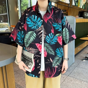 弹力布夏季男士印花短袖衬衫个性五分袖衬衣外套图片