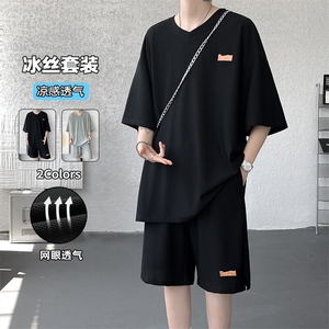 特批P60无差价夏季大码透气网眼冰丝V领速干薄款两件套装男TZ5589图片
