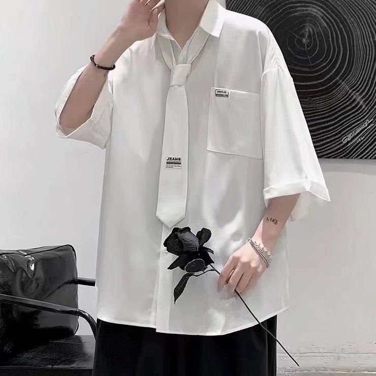 短袖衬衫男ins夏季薄款五分袖衬衣外套宽松潮牌港风上衣潮流百搭,男装T恤,星座1210-1