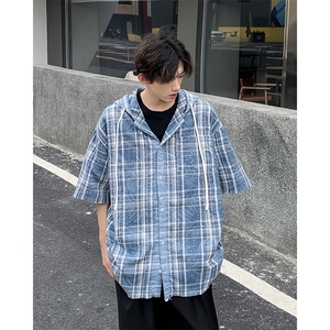夏款男连帽短袖衬衫扎染条纹格子五分袖衬衣CS0010 P38图片