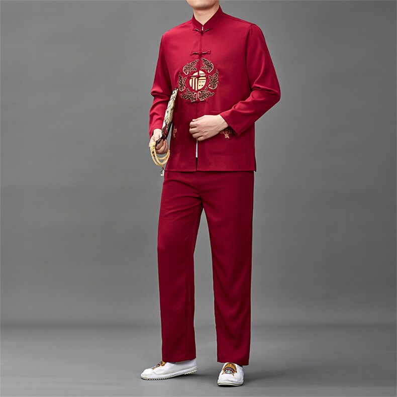 中老年唐装爸爸春装长袖风棉麻套装爷爷老人复古绣花太极服,男装休闲套装,钱塘6003B