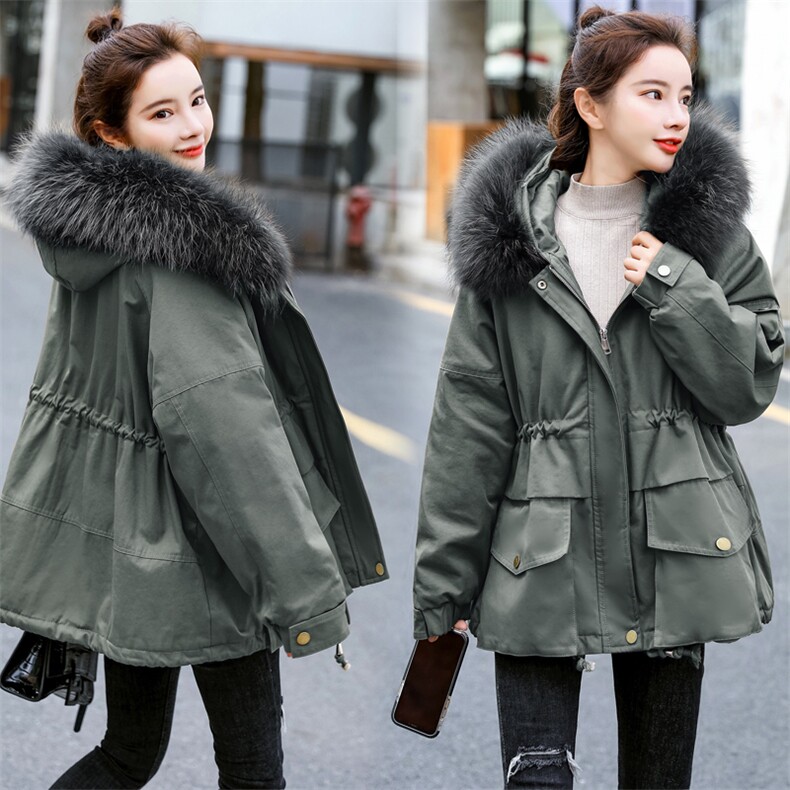 棉衣/棉服2021新款冬兔毛中长款工装带帽棉服女外套配毛领,女装派克服,瑶迪依秀
