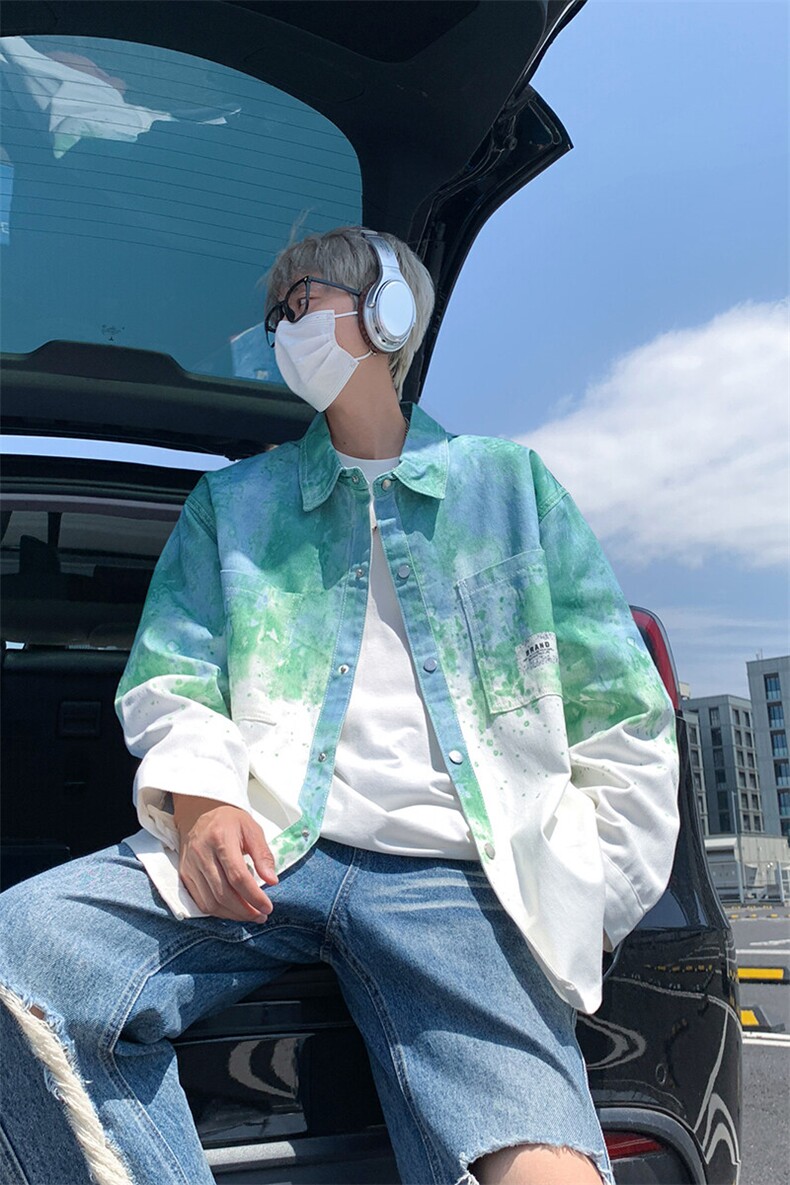 扎染衬衫男生夏季薄款美式复古小众设计感中性风简约长袖衬衣外套,男装夹克,电商A007