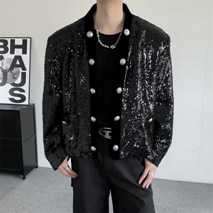 明星同款年会演唱会短款开衫短款西服外套男亮片西装夹克外套,西装短裤搭配什么上衣图片