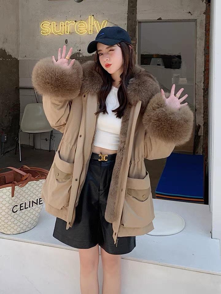 2021冬季女可拆卸内胆獭免毛狐狸毛领袖口中长款派克服,女装其它,L·H·X