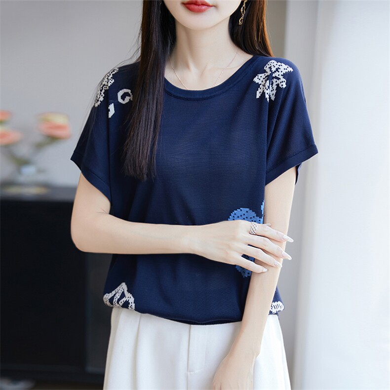 莱塞尔针织提花小飞袖T恤女2025夏薄透气洋气蓝色宽松显瘦短袖T恤,针织衫/毛衣,唐诺