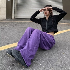 秋季新款美式复古宽松阔腿裤水洗做旧高腰直筒牛仔裤男女N668-p47图片