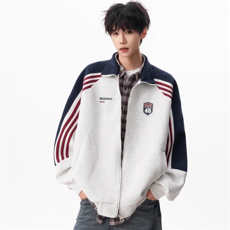 美式潮牌撞色开衫外套男2025秋冬季宽松三条杠字母印花卫衣特P，女装短外套，星座715-4