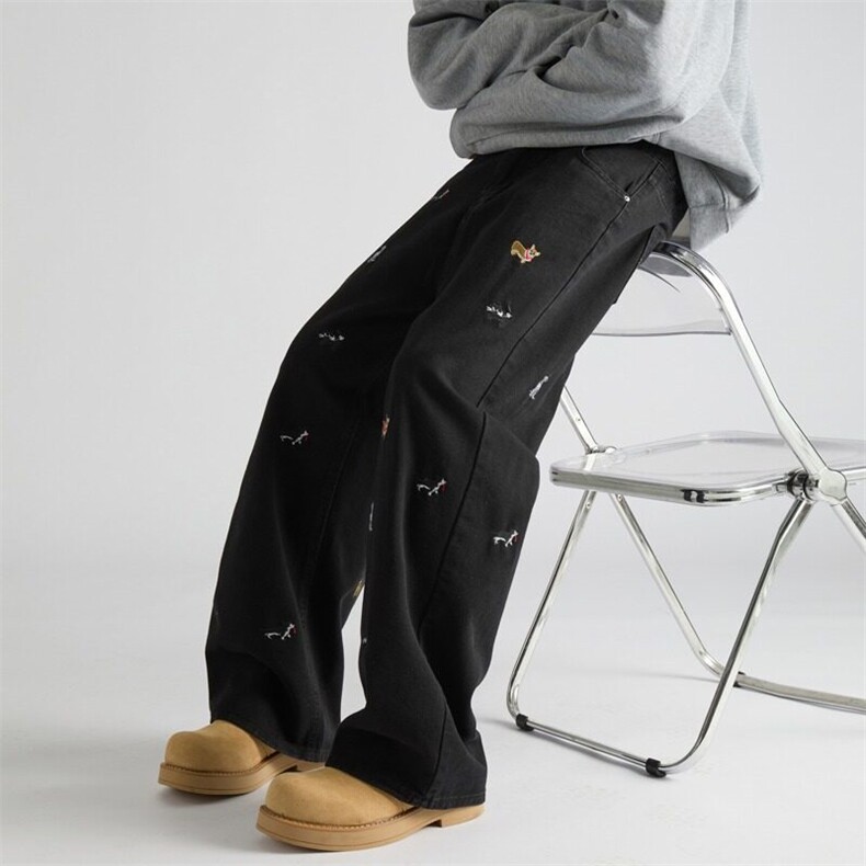 腊肠狗刺绣牛仔裤男款潮牌痞帅炸街裤子美式高街宽松直筒阔腿长裤，男装牛仔裤，星座412-2