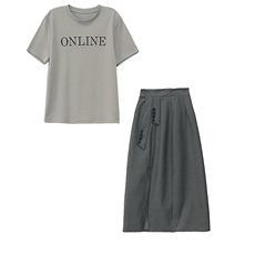 现货2024夏季新款韩版显瘦减龄短袖T洋气百搭开叉半身裙两件套，女装套装/套裙，火爆靓佳人