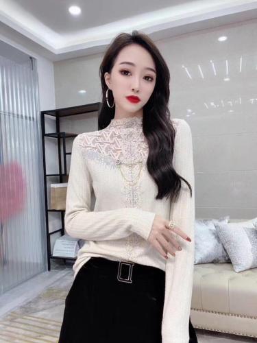 5060#新西兰羊绒针织面料拼蕾丝，性感小女人味百搭打底,女装,红妞(1F)