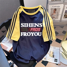 夏季美式高街重磅纯棉三条杠织带插肩撞色男女短袖T恤CZ39-特P25，男装T恤，电商A486