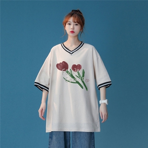 中性23新款夏季时尚设计感小众v领宽松ins情侣短袖T恤T880P35控48图片