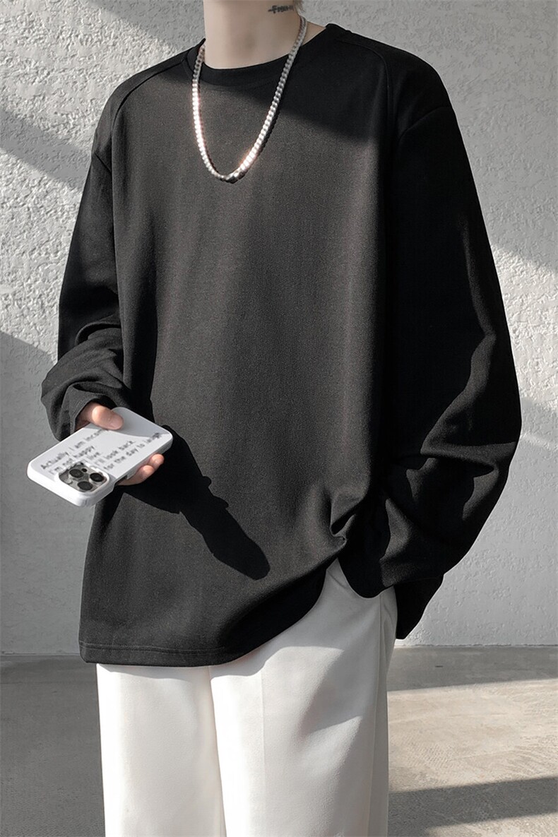8XL-M重磅垫肩长袖T恤男设计感圆领卫衣正肩纯色打底衫DX329P48,男装T恤,电商D206-1