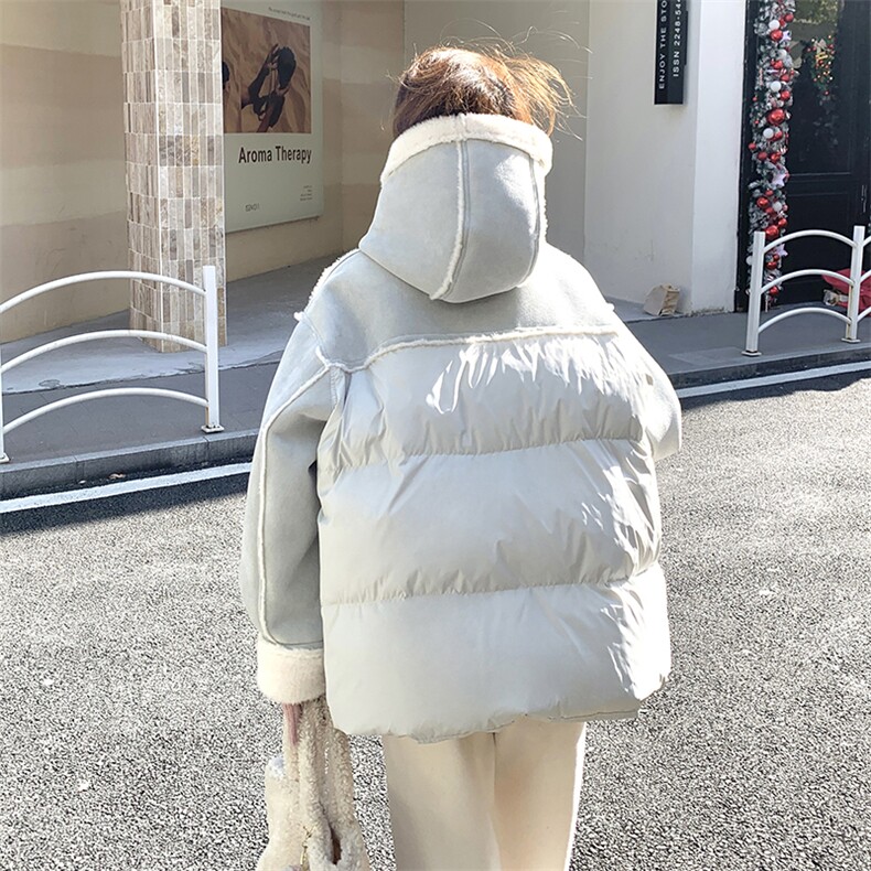 羊羔毛拼接连帽羽绒服女冬季新款小个子韩系学院风90白鸭绒短外套,女装羽绒服,2B222