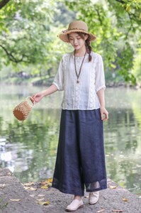 【现货】夏季新款 纯苎花边上衣+双层苎阔腿裤图片
