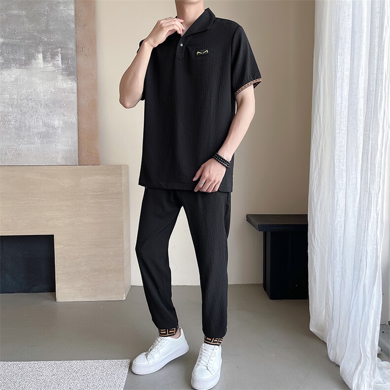 新款时尚休闲运动套装风高端V领轻薄垂感褶皱短袖两件套TZ303图片