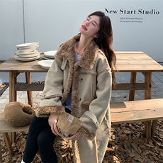 韩版加厚中长款拼接皮毛一体大衣女2025冬季新款显瘦保暖棉衣棉服，女装皮草，2C115