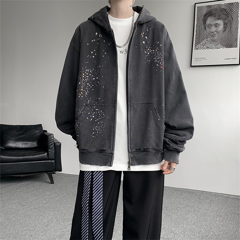 秋季美式烫钻开衫拉链卫衣男潮牌高级感痞帅短宽外套男WY37P98，女装短外套，电商D206-1
