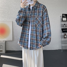 衬衫男春季新款港风宽松大码磨毛格子扎染长袖衬衣CS506-P35，男装衬衫，星座214-3