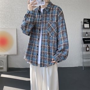 衬衫男春季新款港风宽松大码磨毛格子扎染长袖衬衣CS506-P35图片