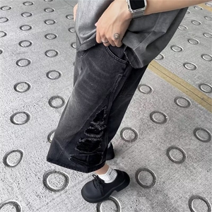 牛仔短裤男夏季美式高街潮牌乞丐裤子小众设计感五分中裤图片