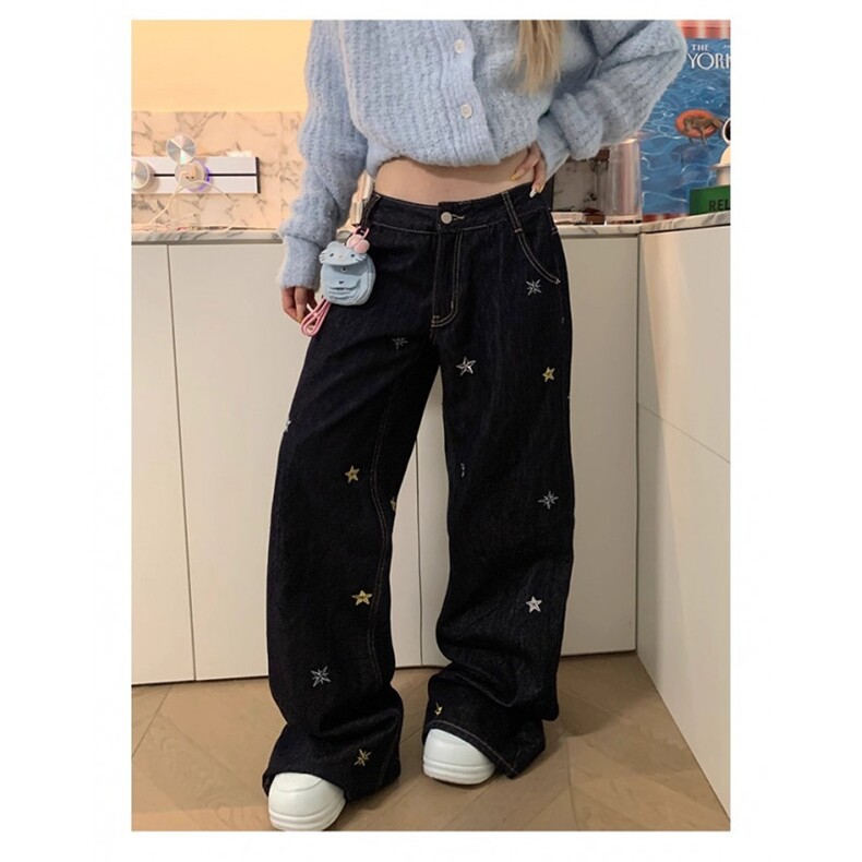 美式设计感星星绣花阔腿牛仔裤男女宽松休闲百搭直筒长裤，男装牛仔裤，四季星座505