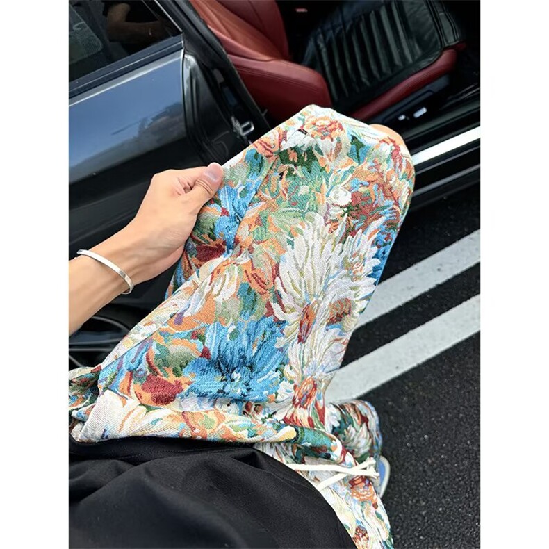彩绘满印花卉短裤男夏季美式潮牌提花沙滩裤国风薄款海边五分裤子,男装牛仔裤,星座1008