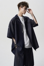 8XL-M夏季简约高级感冰丝牛仔古巴领男休闲痞帅宽松套装潮TZ109，男装休闲套装，电商D206-1