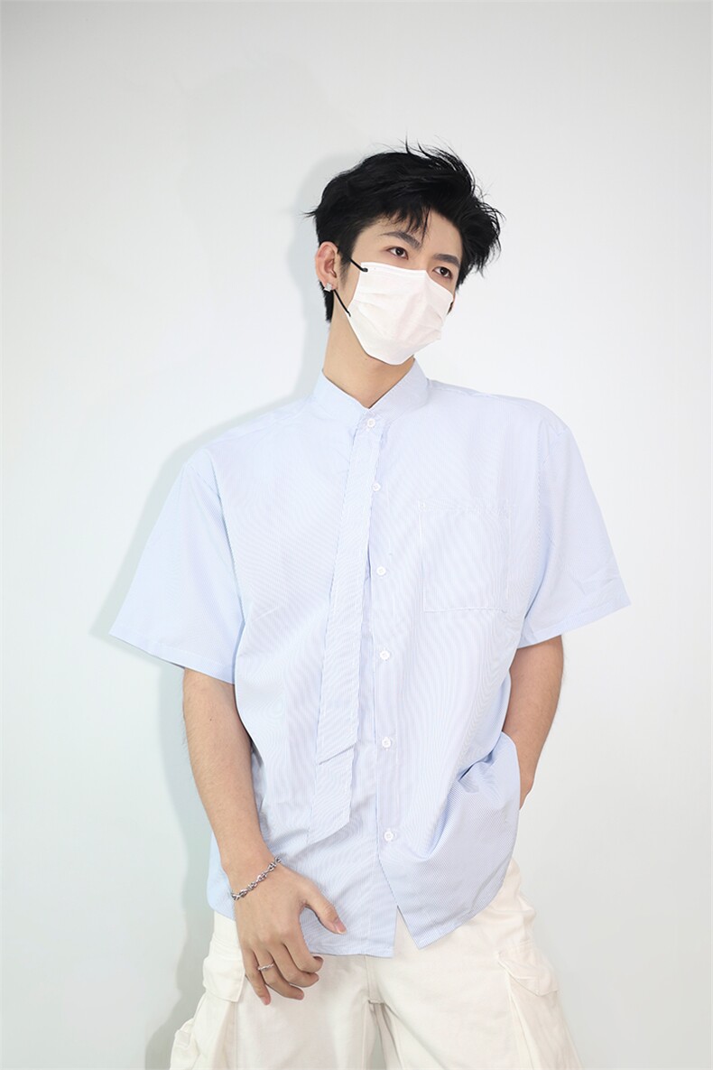 明星私服学院风条纹衬衫搭配可拆卸领带英伦风条纹打底衬衫P38,男装衬衫,电商B319