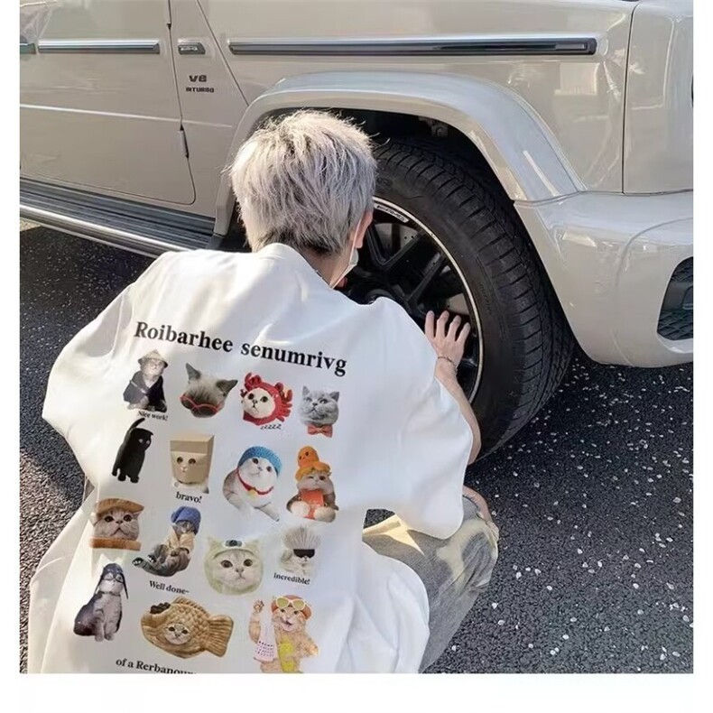纯棉240g紧密赛络半袖后背猫猫印花t恤男生趣味猫咪短袖t恤男图片