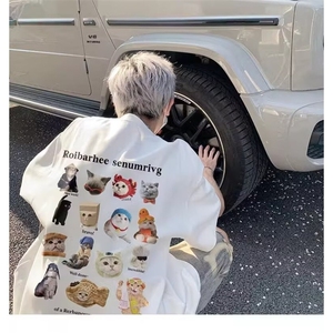 纯棉240g紧密赛络半袖后背猫猫印花t恤男生趣味猫咪短袖t恤男,霸道男生的穿搭图片