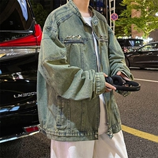 美式复古做旧宽松休闲夹克男女上衣春秋情侣装牛仔外套JK2177，男装工装外套，星座1116A-1（原606A）