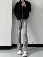 美式hiphop烟灰色毛边修身直筒显瘦牛仔裤痞帅高街，男装牛仔裤，星座310A-4