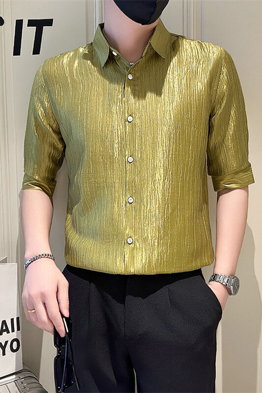 店主风社会小伙男士纯色七分袖衬衫男简约款上衣301A-1/CS560/P55,男装衬衫,星座301A-1