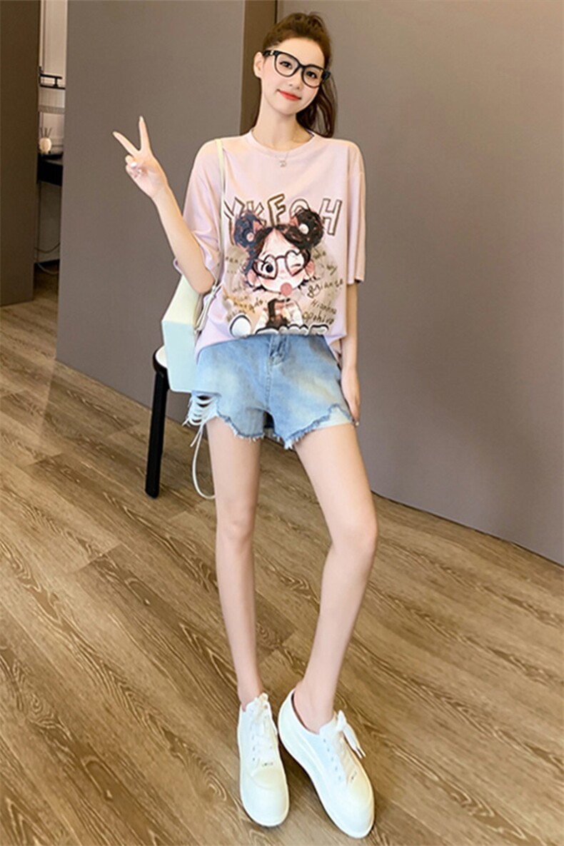 韩版休闲时尚套装女夏个性简约圆领印花刺绣上衣牛仔短裤两件套潮,女装套装/套裙,江南