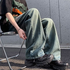 水洗做旧牛仔裤男春季美式复古宽松阔腿直筒拖地长裤炸街痞帅裤子，男装牛仔裤，星座1013