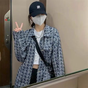 小香风复古粗花呢中长款外套女2024春季港味韩版百搭显瘦宽松上衣图片