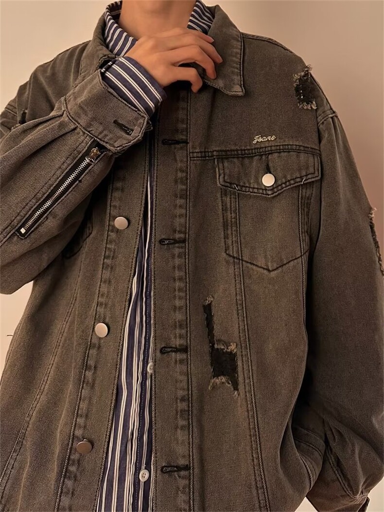 美式复古水洗破洞牛仔外套男女春秋季新款设计感宽松夹克JM05-p68，男装工装外套，星座1008-1