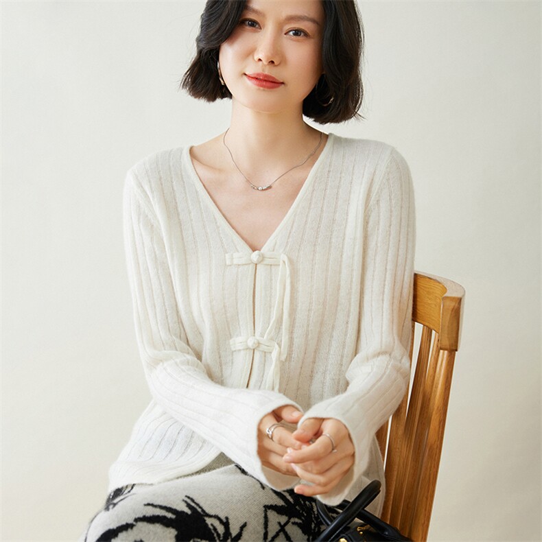 优雅中式V领羊绒开衫轻薄舒适显瘦设计,女装羊绒衫,迎冬羊绒