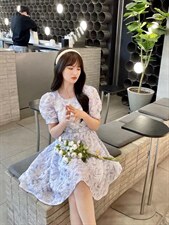 韩系腰带泡泡纱连衣裙，女装连衣裙，雾灵水Lady-Lin