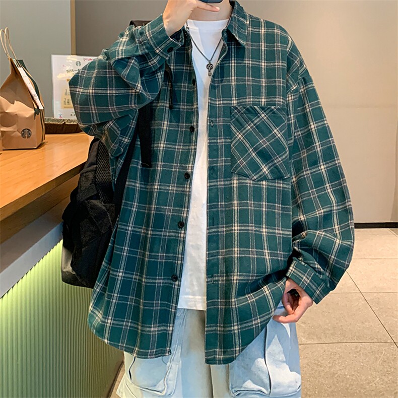 衬衫男秋季新款港风宽松格子长袖衬衣CS550-P38(现货）,男装衬衫,星座214-3